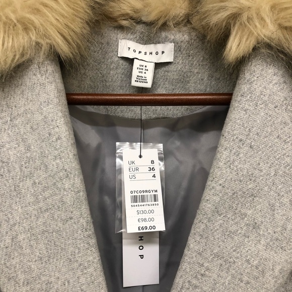Topshop Monica Faux Fur Collar Coat - Grey - Picture 8 of 8